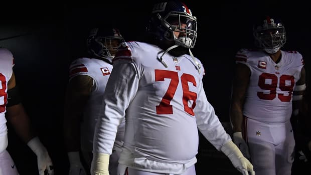 Jan 21, 2023; Philadelphia, Pennsylvania, USA; New York Giants guard Jon Feliciano (76) in the tunnel before game against the Philadelphia Eagles during an NFC divisional round game at Lincoln Financial Field.